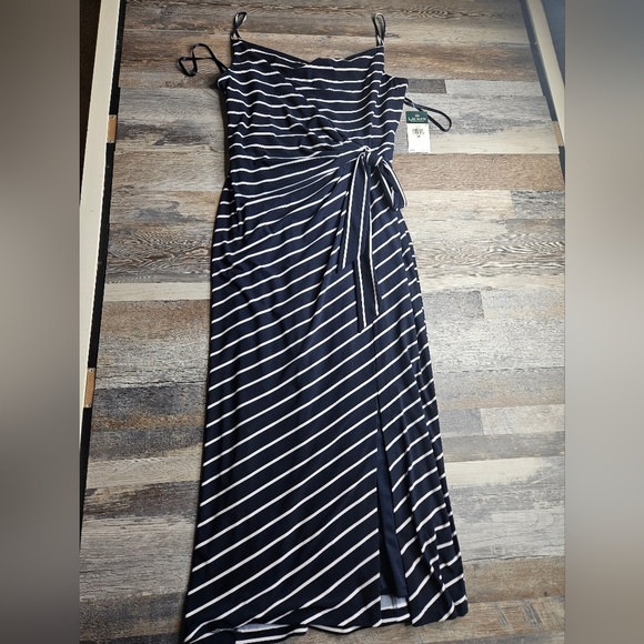 Lauren Ralph Lauren GREEN Label Strappy Midi Dress NEW Navy Blue White Size 10 - Picture 2 of 11